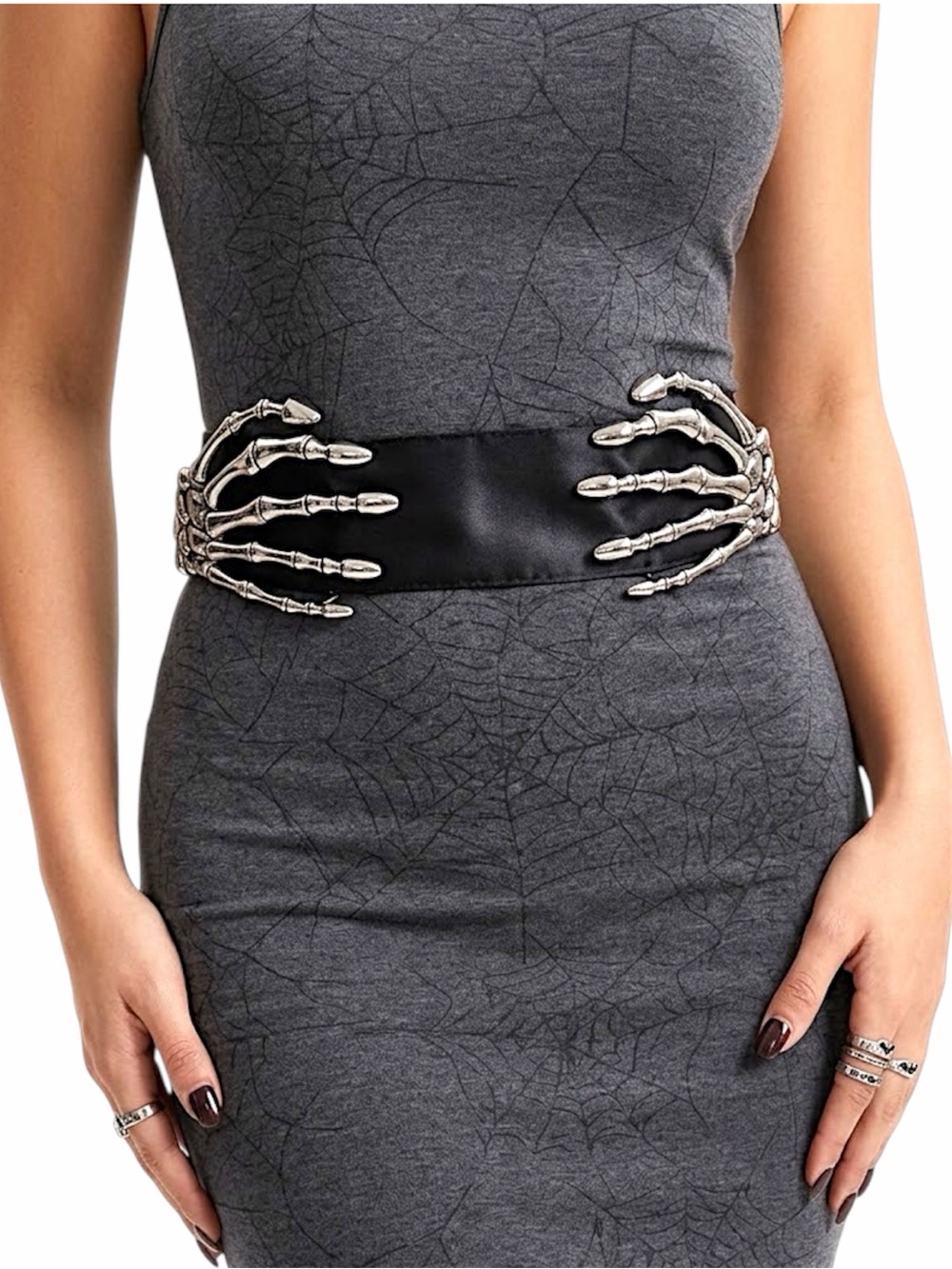 Gothic Skeleton Hands Belt Silver toned Skeleton Bones Faux Leather Tie Belt
